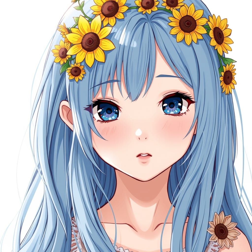 Girl with Vibrant Indigo Hair and Sunflower Wreath in Anime ...