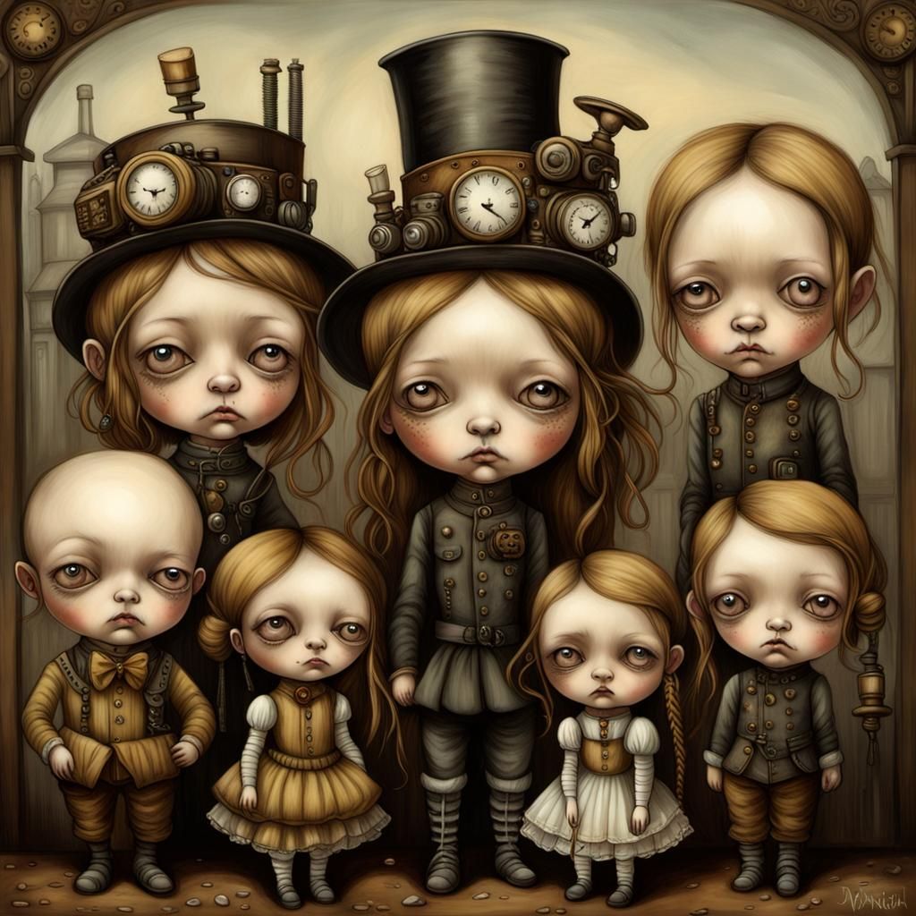 Steampunk Chibi Moppets in Folk Art Style