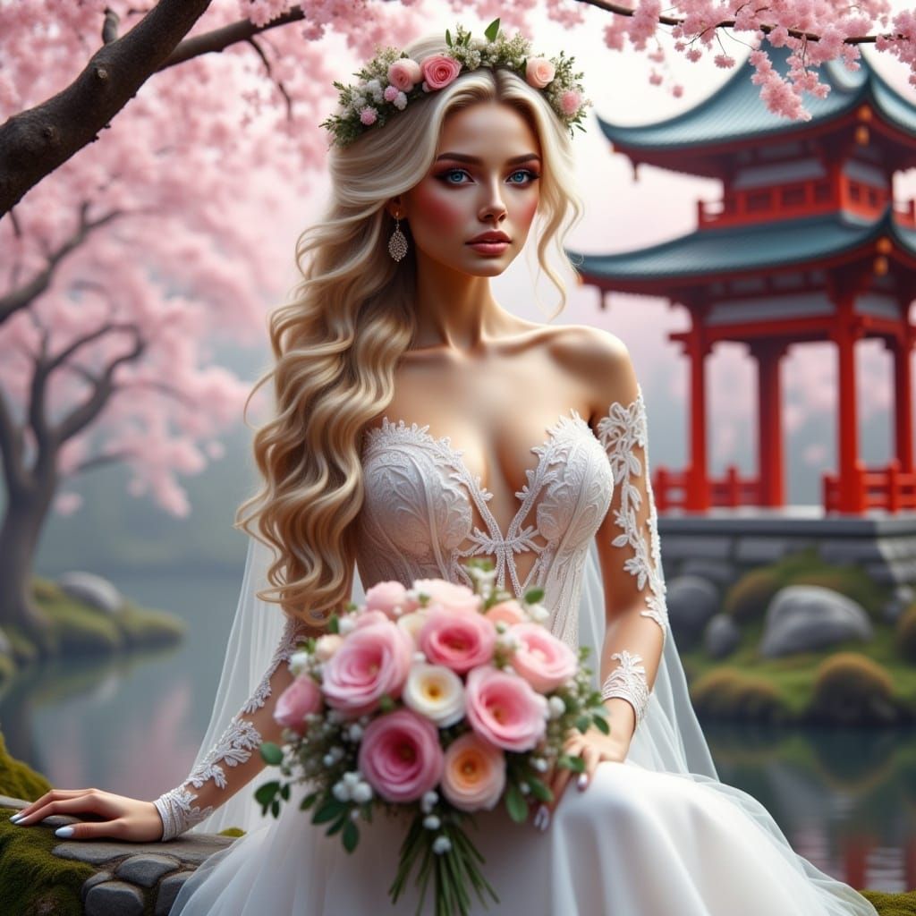 Delicate Bride in Cherry Blossom Temple