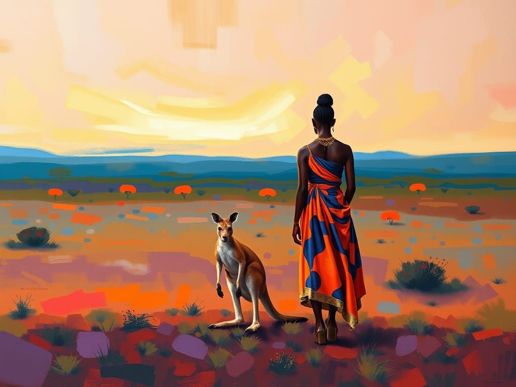 African Women and Kangaroo in Abstract Landscape