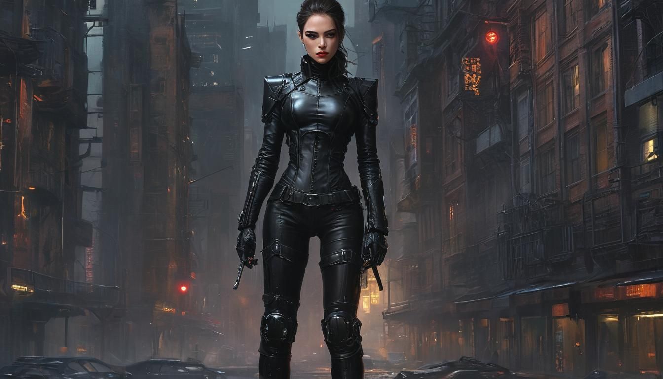 Ethereal Vampire Hunter in Cyberpunk Cityscape