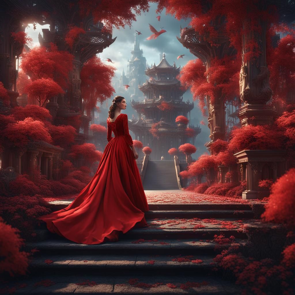Beautiful Woman in Red Dress: Fantasy Concept Art