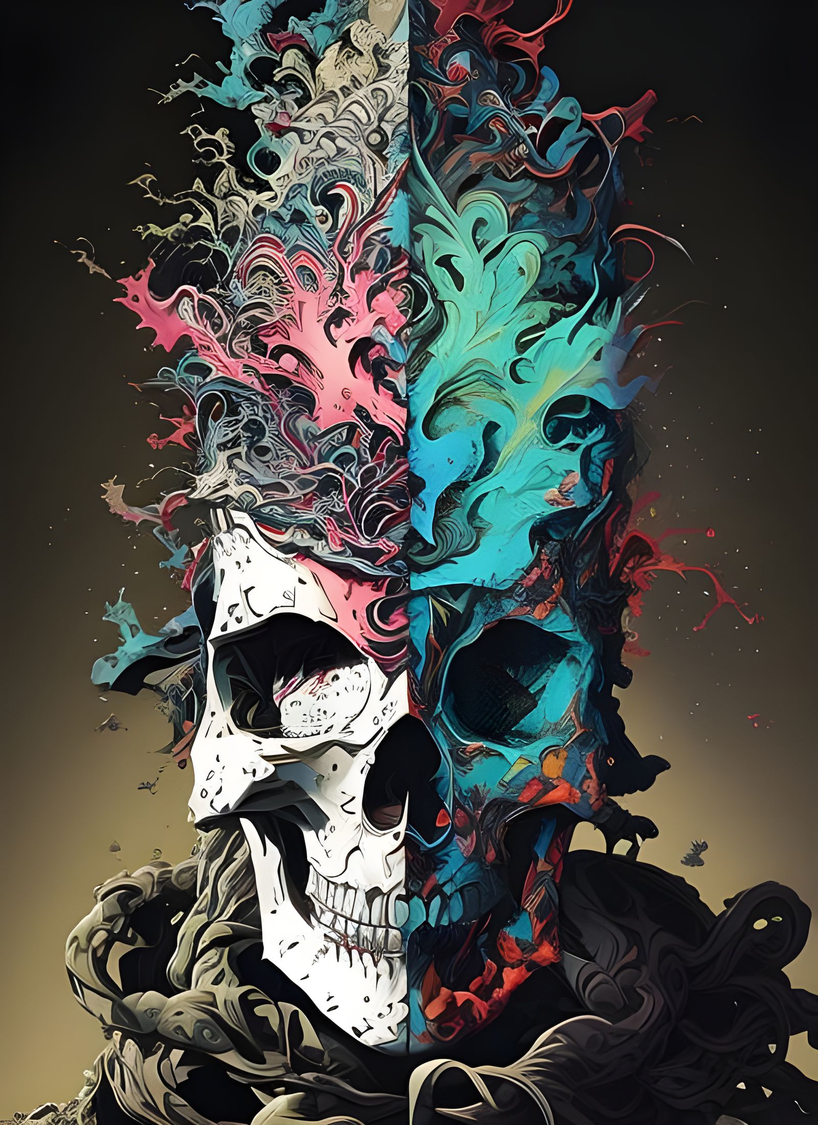 Skull Exploding with Paint in Gouache Style