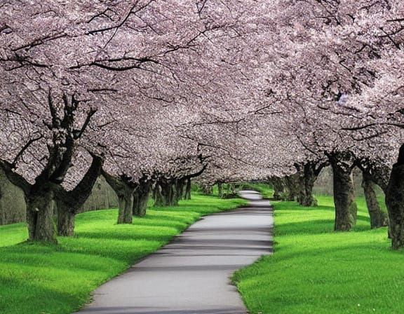 Blossoming Cherry Tree Avenue at Dusk in Impressive Detail