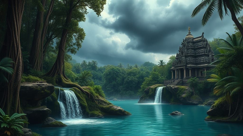 Ancient Jungle Cathedral with Hidden Waterfall and Temple