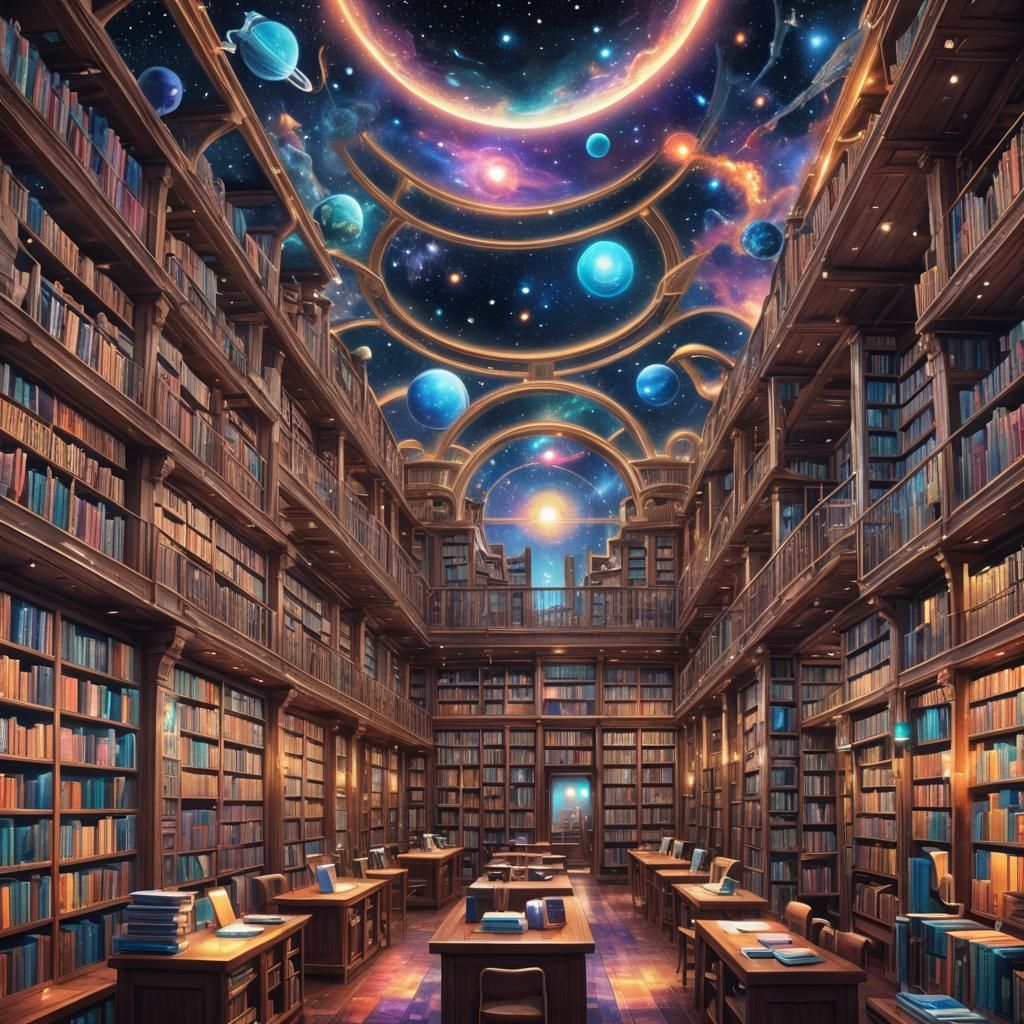 Cosmic Library: Holographic Astral Illustration