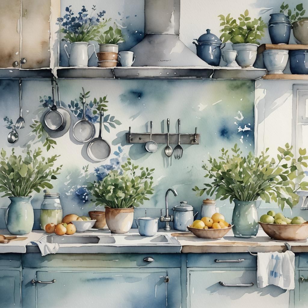 Inviting Farmhouse Kitchen in Watercolor Style