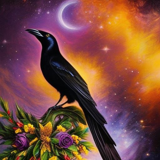 Detailed Crow with Floral Crown at Sunset