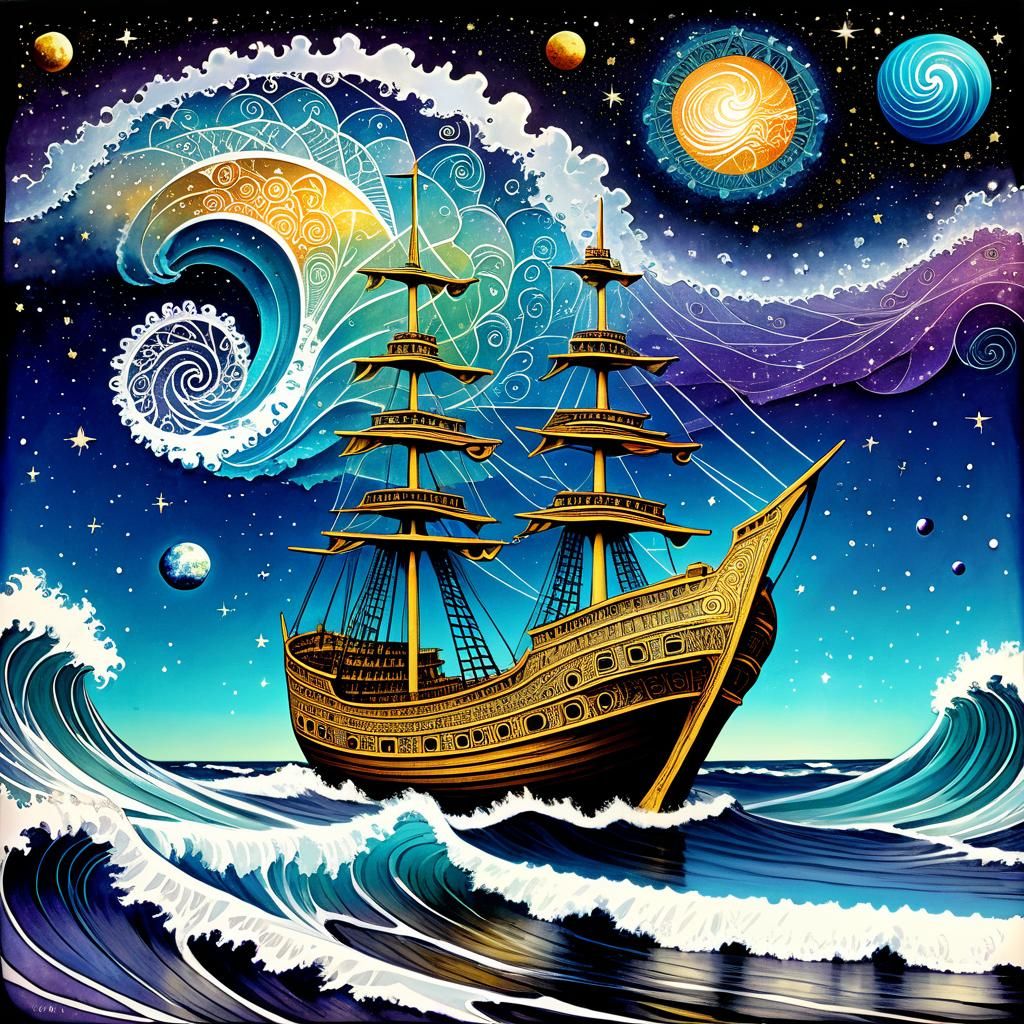 Cosmic Dreamscape Odyssey: Fantasy Ship in Zentangle Style