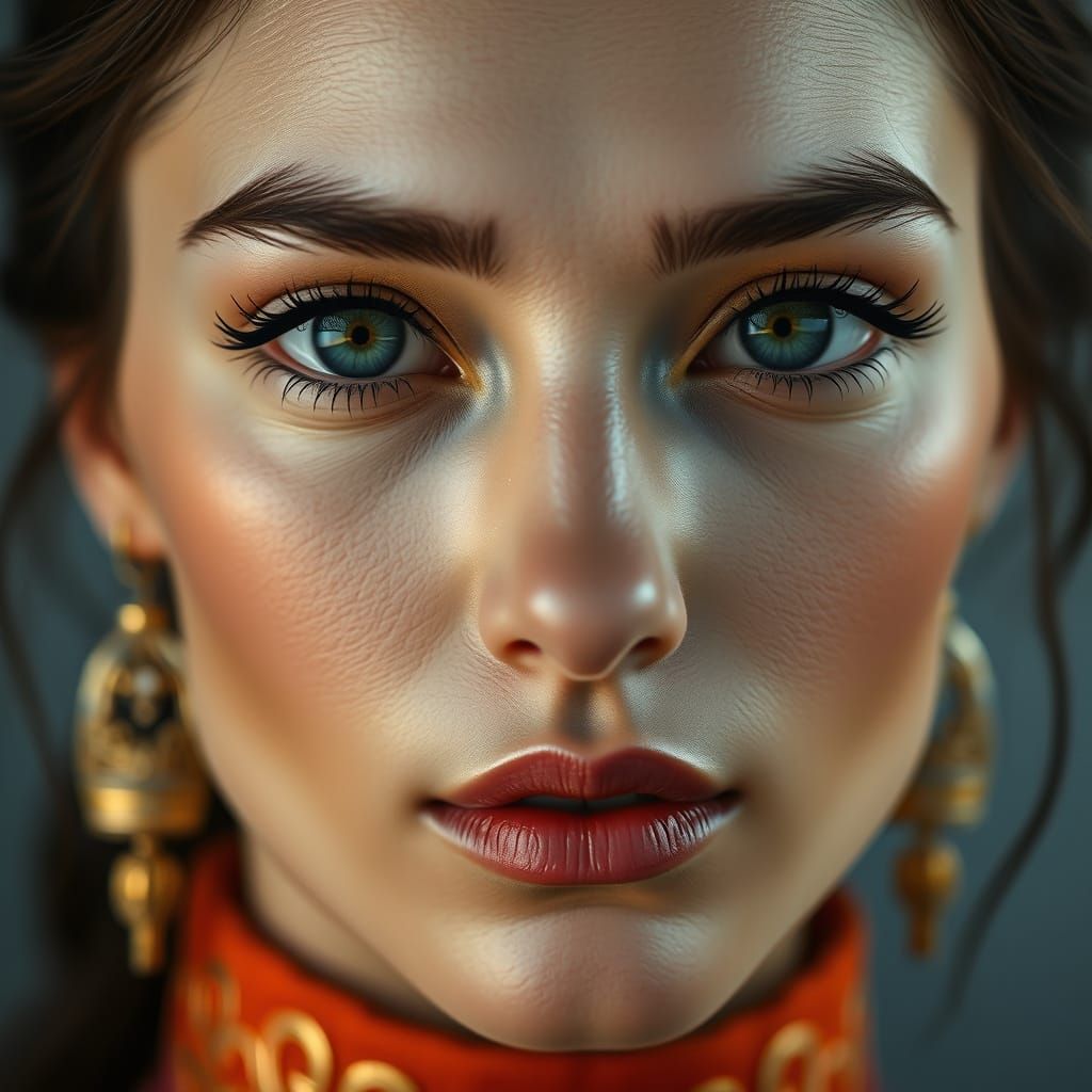 Photorealistic Portrait with Gold Calligraphy, Vogue Style