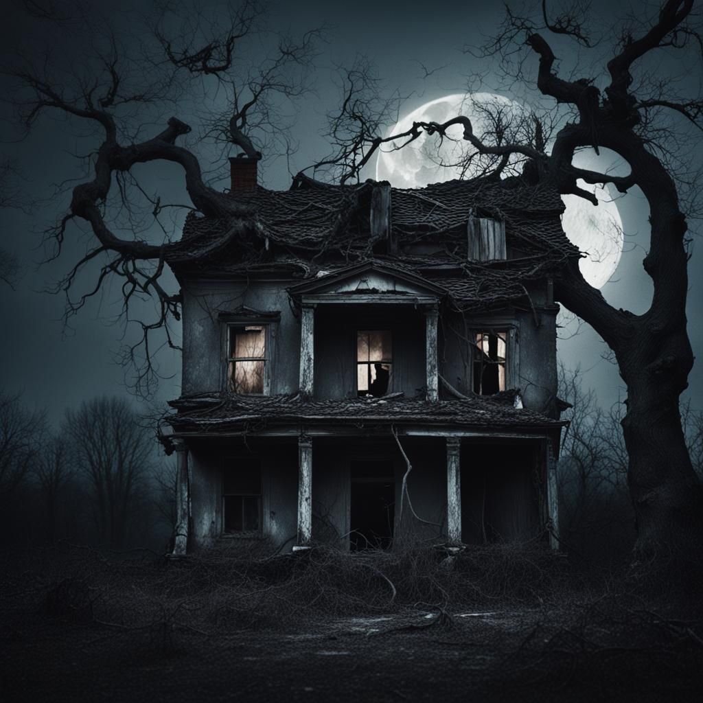 Eerie Abandoned House Under Moonlight