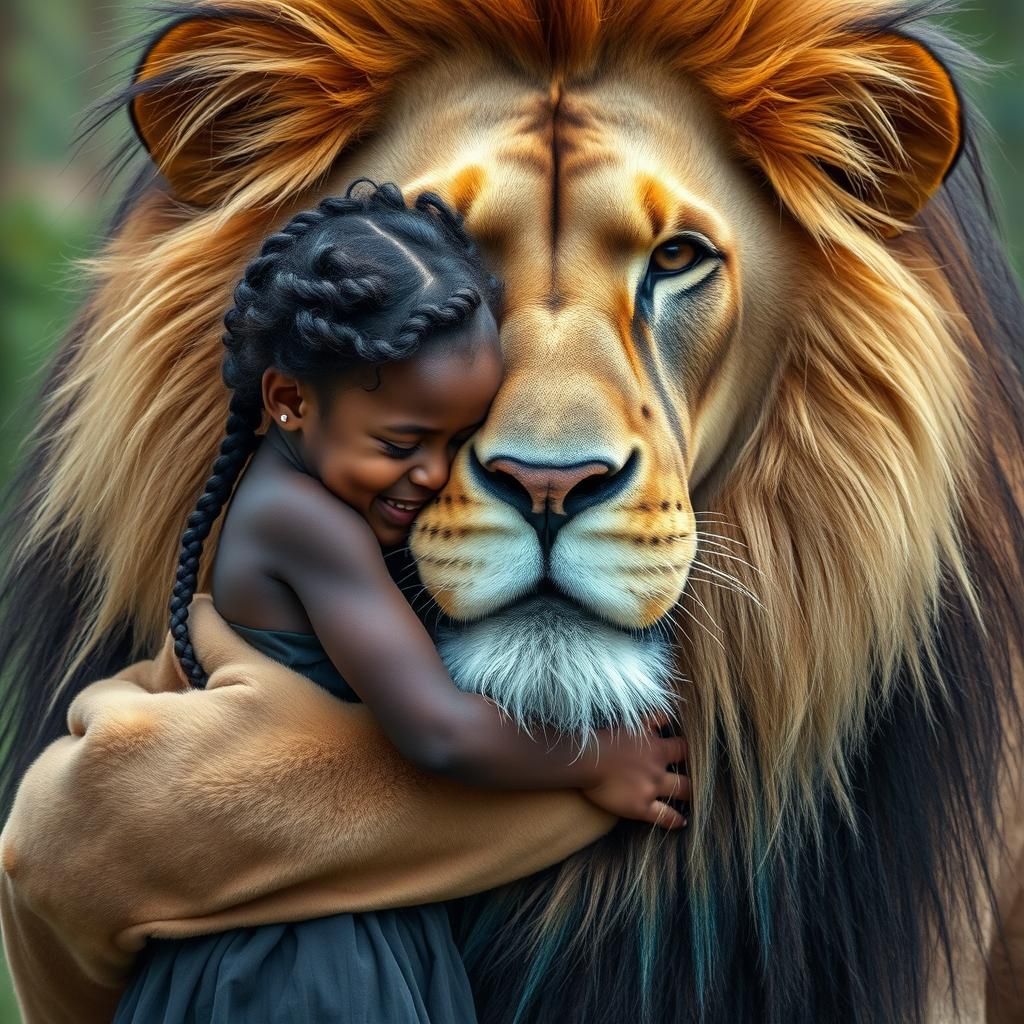 A tiny, beautiful black girl embraces an enormous (10 times bigger that the girl), lovely lion with a huge rainbow mane ...