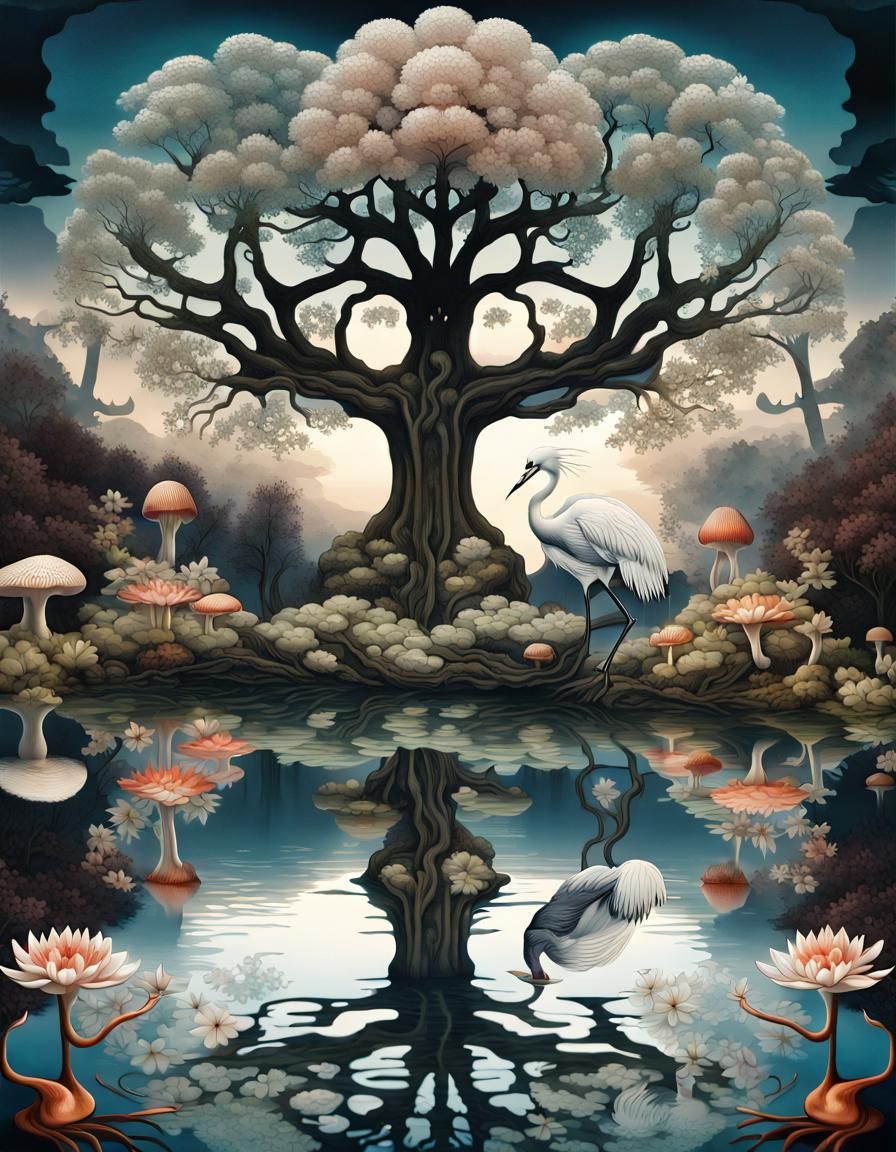 Cosmic Tree of Life with Cranes Under Starry Sky