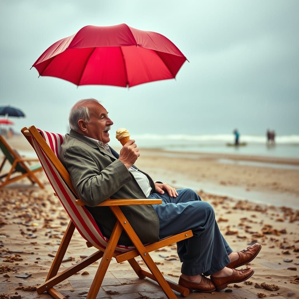 Elderly Man Enjoying Ice Cream in Rainstorm