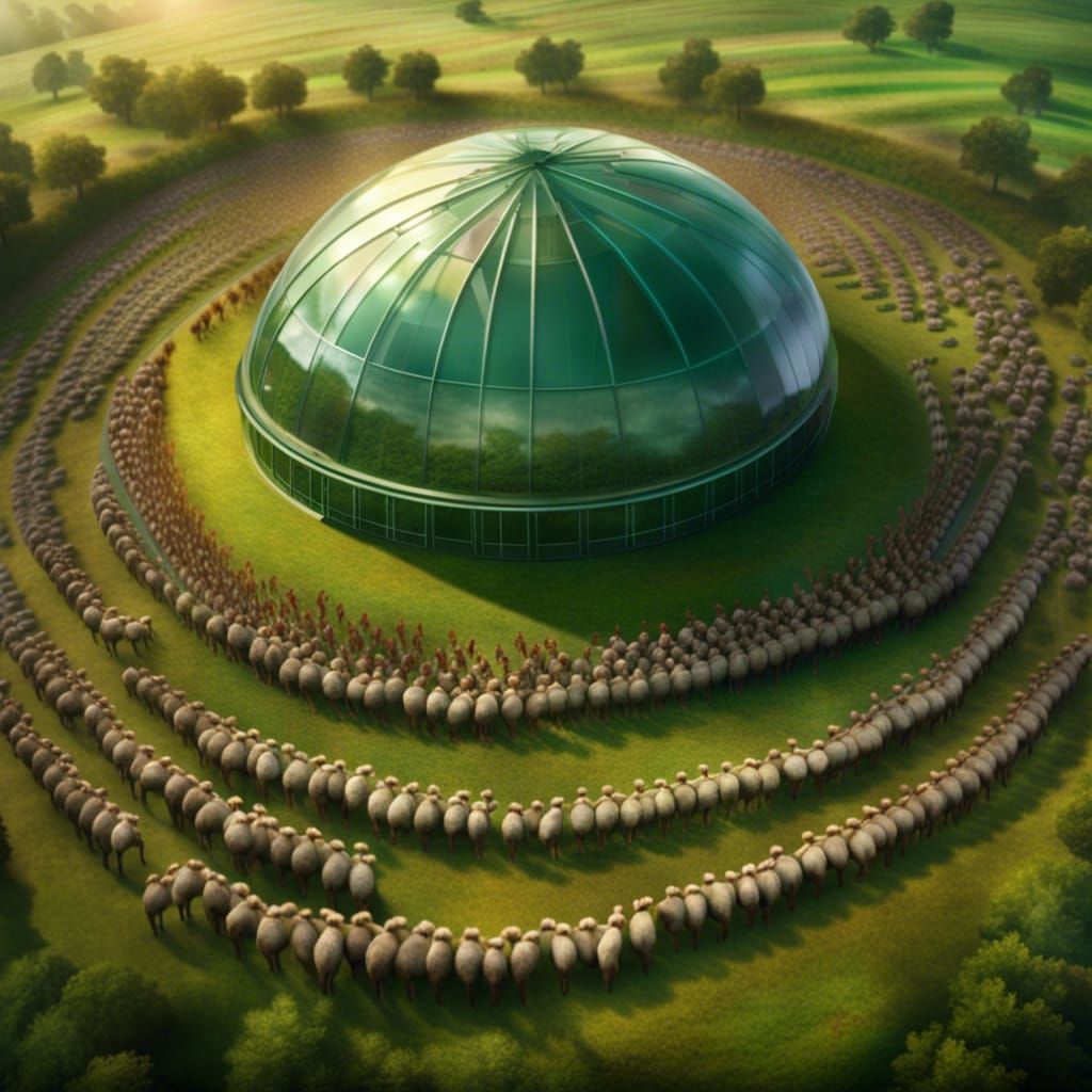 Aerial View: Glass Dome with Hunters and Onlookers