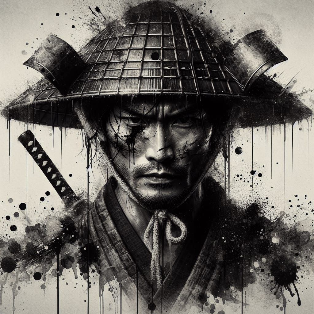 Edo Samurai Portrait with Ink Splash Art