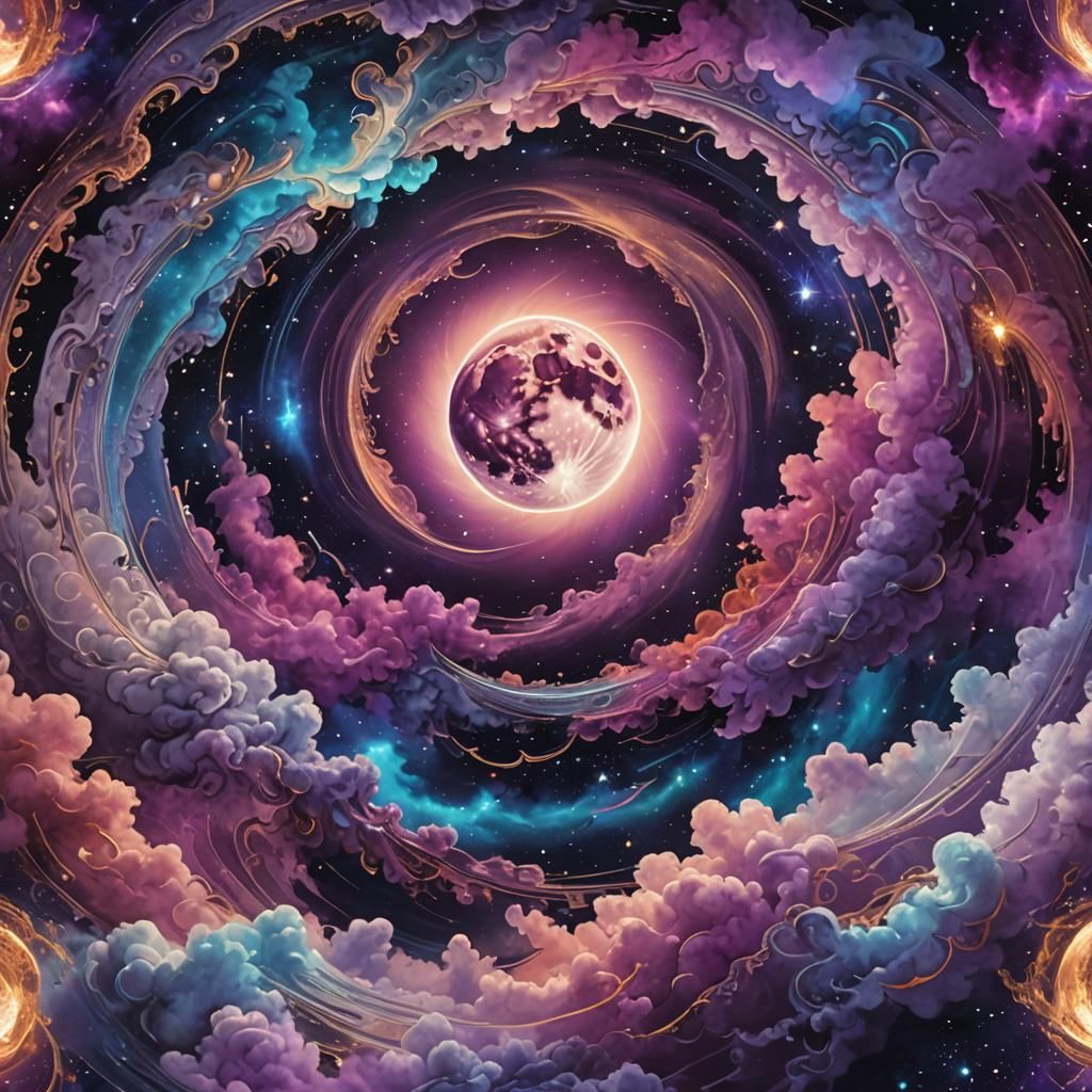 Astral Moon Orbiting a Cosmic Vortex