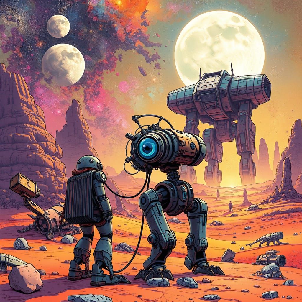 Cybernetic Mech on Alien Planet in Neon Style