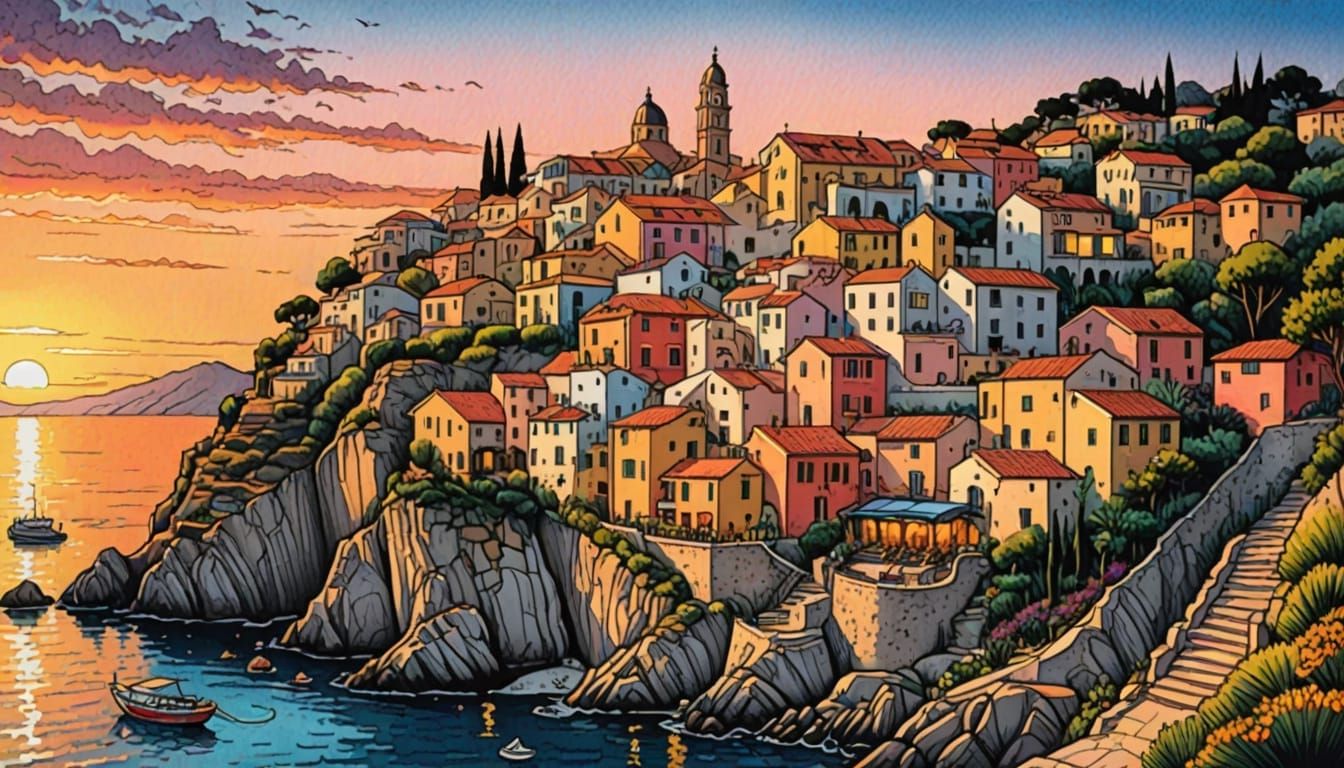 Vibrant Sunset Mediterranean Village Scene