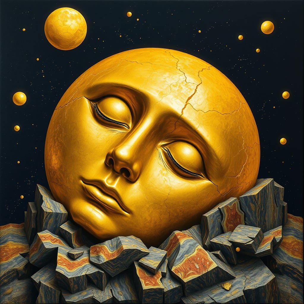 Surrealist Dada Portrait in Liquid Gold and Midnight Blue