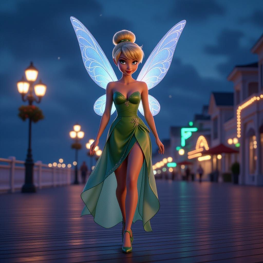 Tinker Bell Strolls Atlantic City Boardwalk at Night