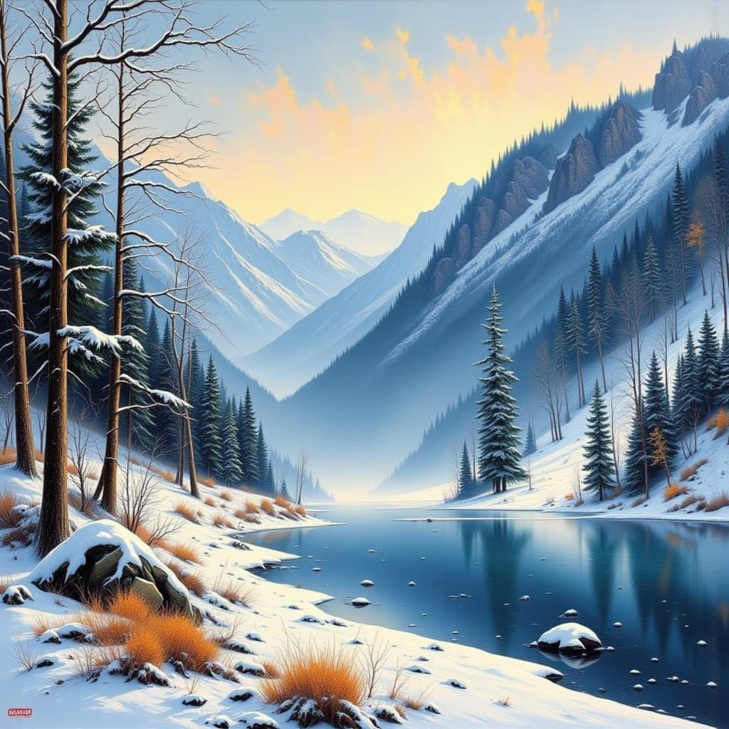 Winter Lake Landscape in Oil Painting Style