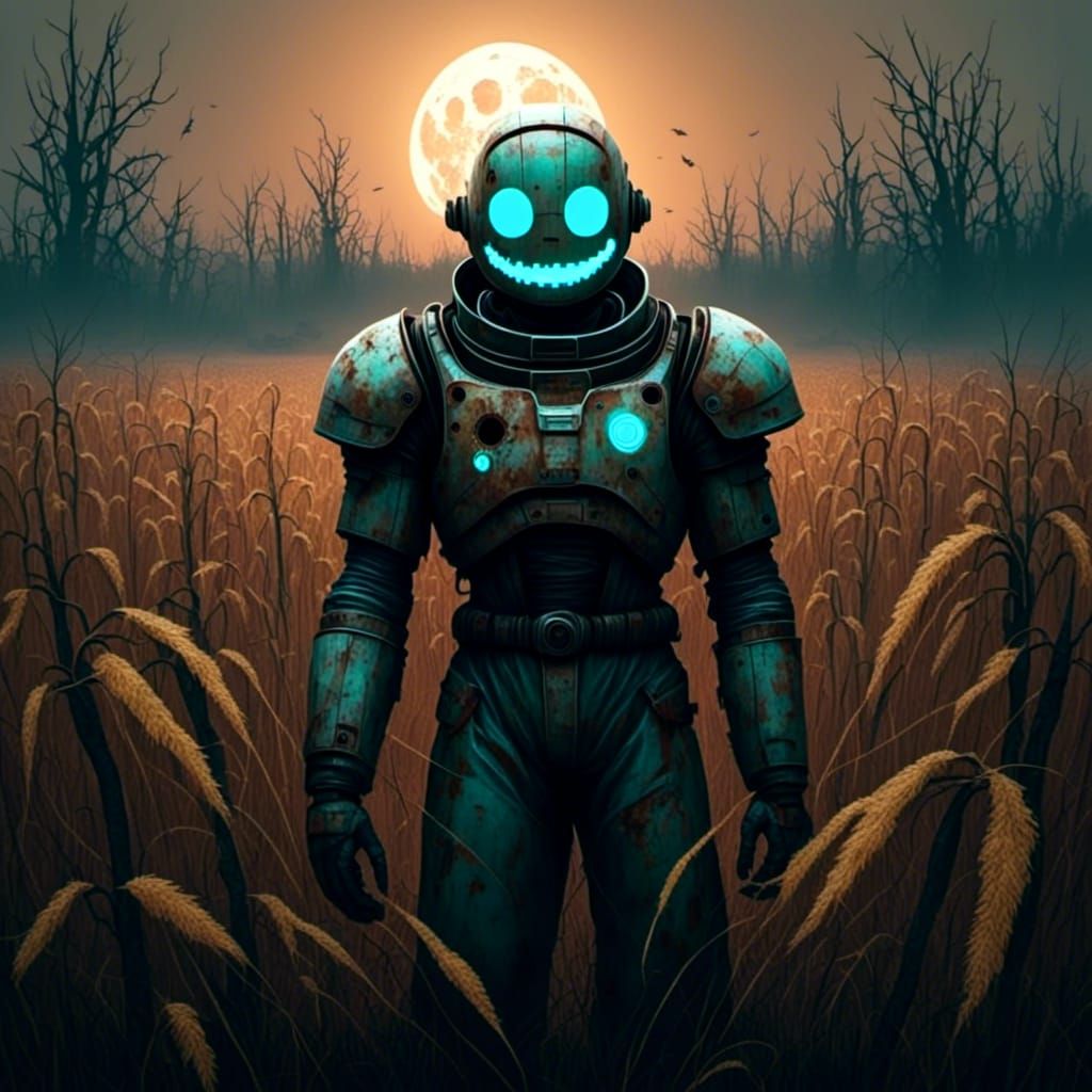 Creepy Scarecrow in Moonlit Field
