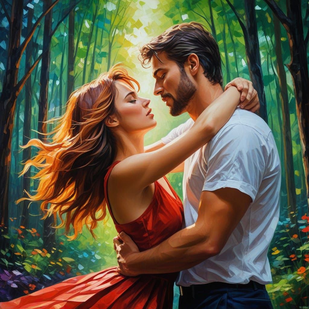 Passionate Forest Embrace in Vibrant Impressionist Style