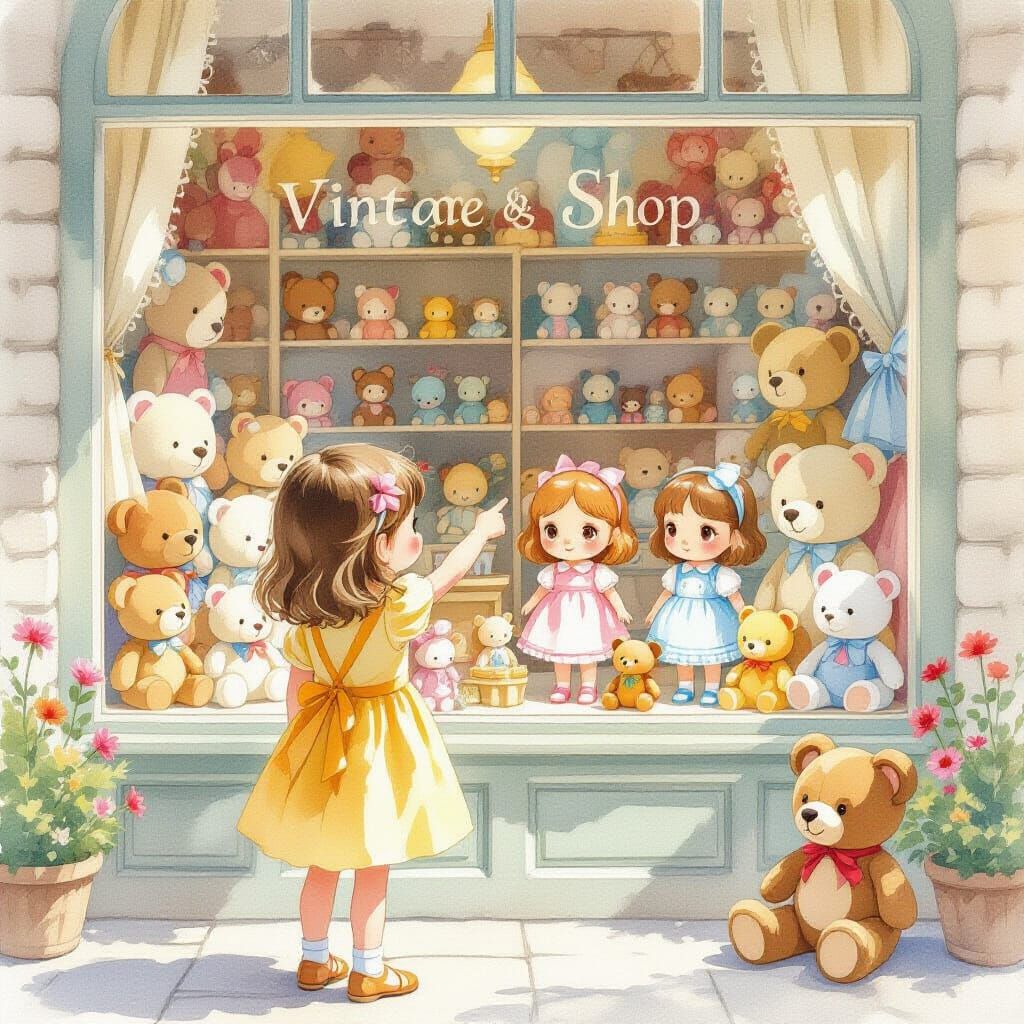 Girl Gazing at Chibi Dolls in Toy Shop Window