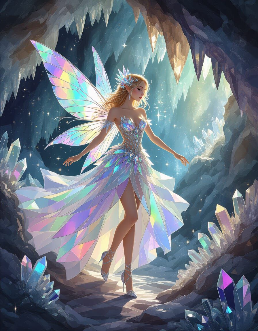 Crystal Fairy Dances in Gemstone Cave, Watercolor Style