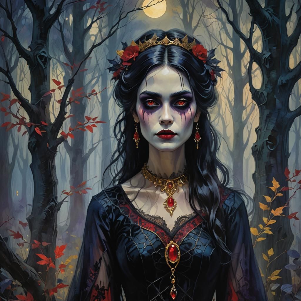 Gothic Fauvist Woman in Misty Forest