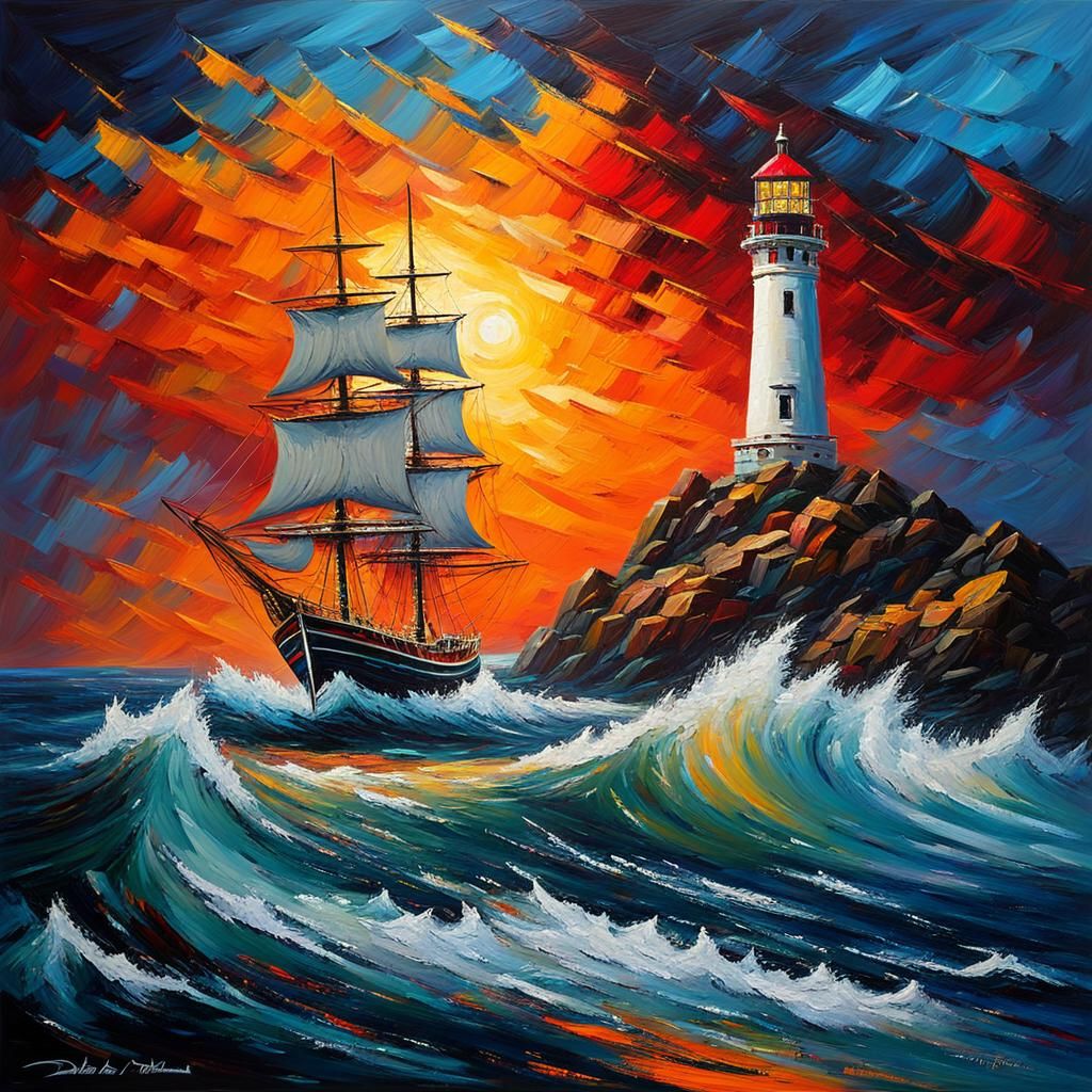 Stormy Seas: Sailing Ship at Night in Expressionist Style