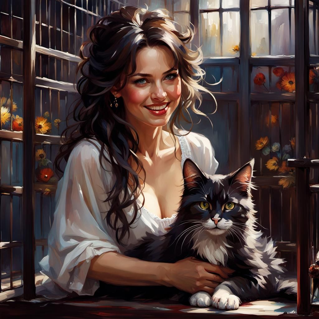 Woman Reaching for Cat: Garmash and Daeni Style