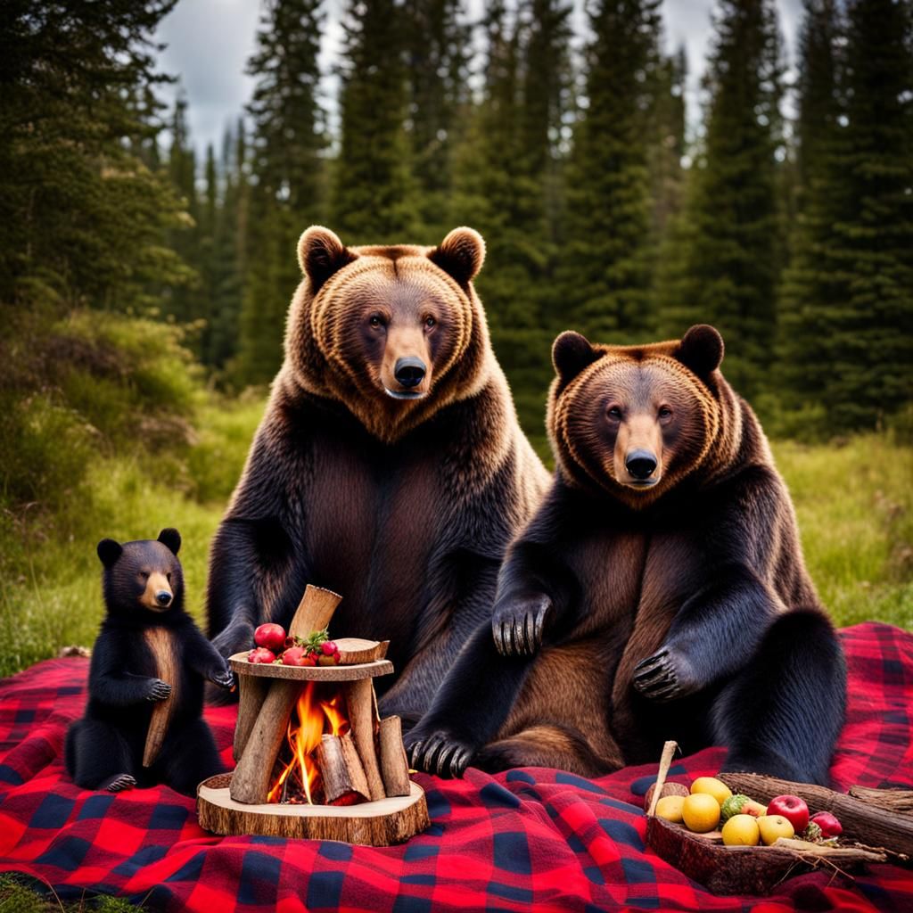 Bear Family Picnic in Plaid, 3D Digital Art