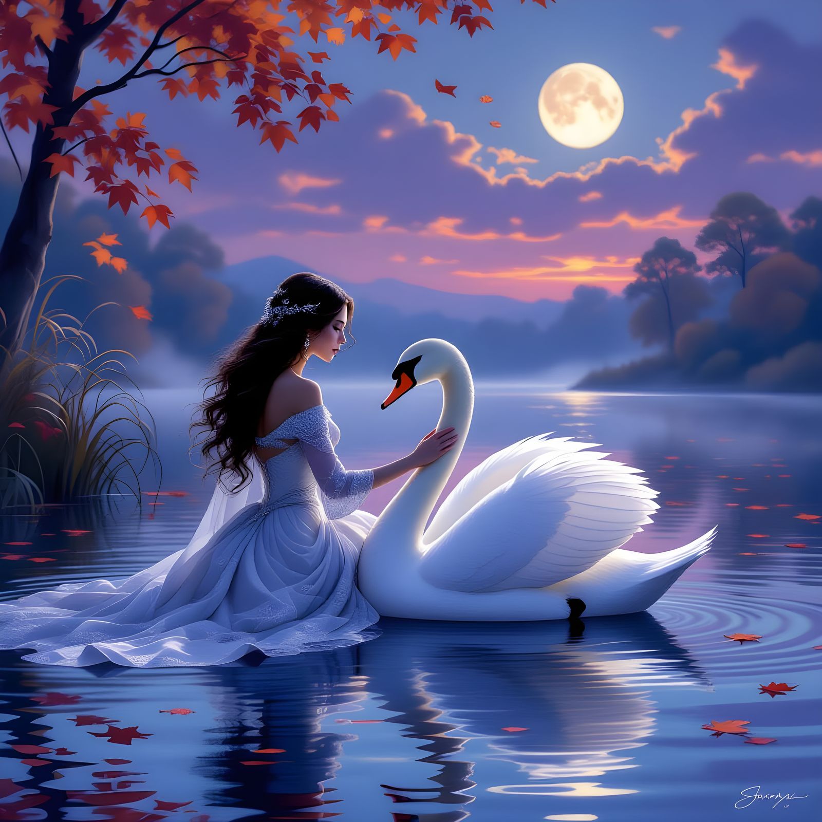 Woman Merges with Swan Amidst Autumn Twilight