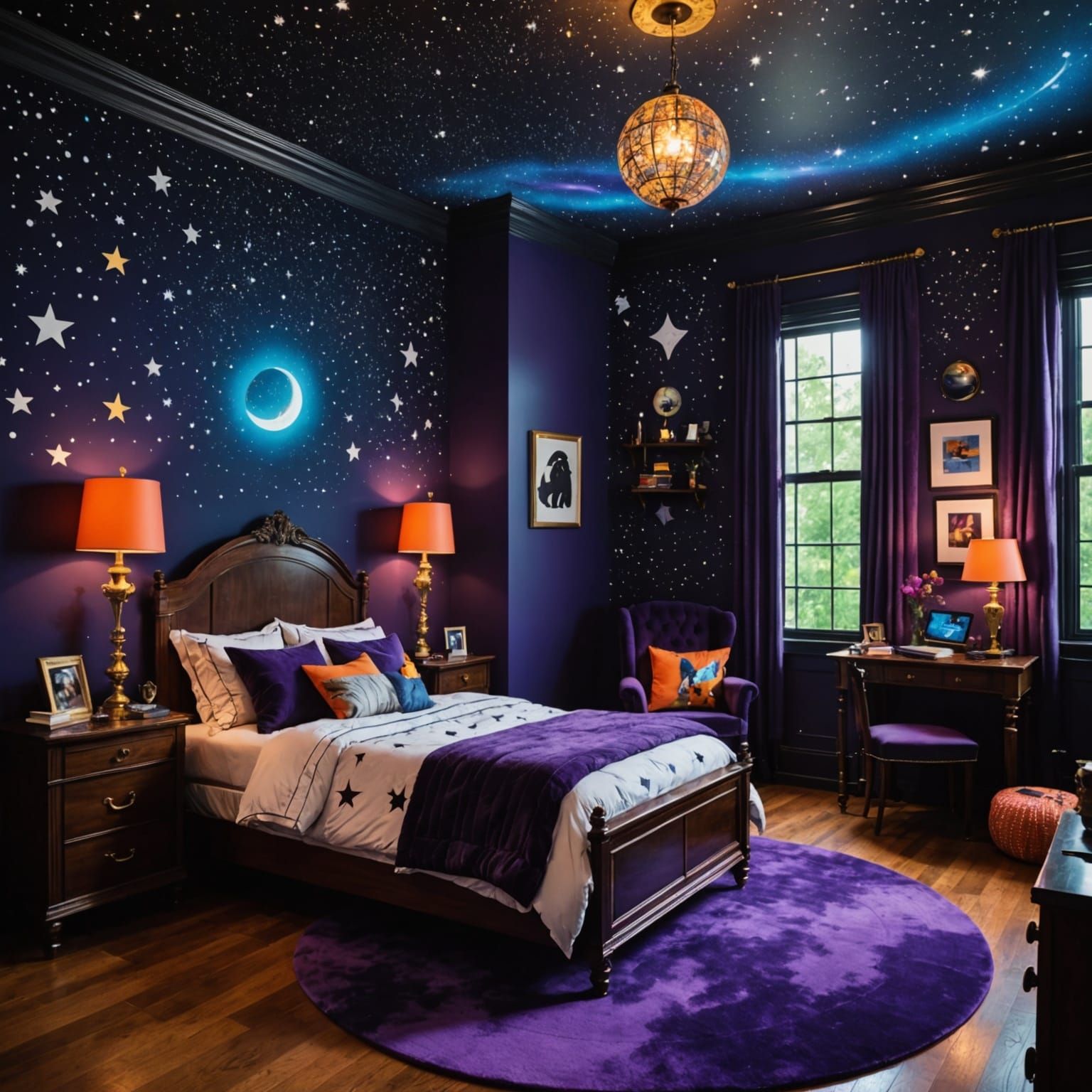 Ornate Kid's Bedroom with Starry Walls in Art Deco Style