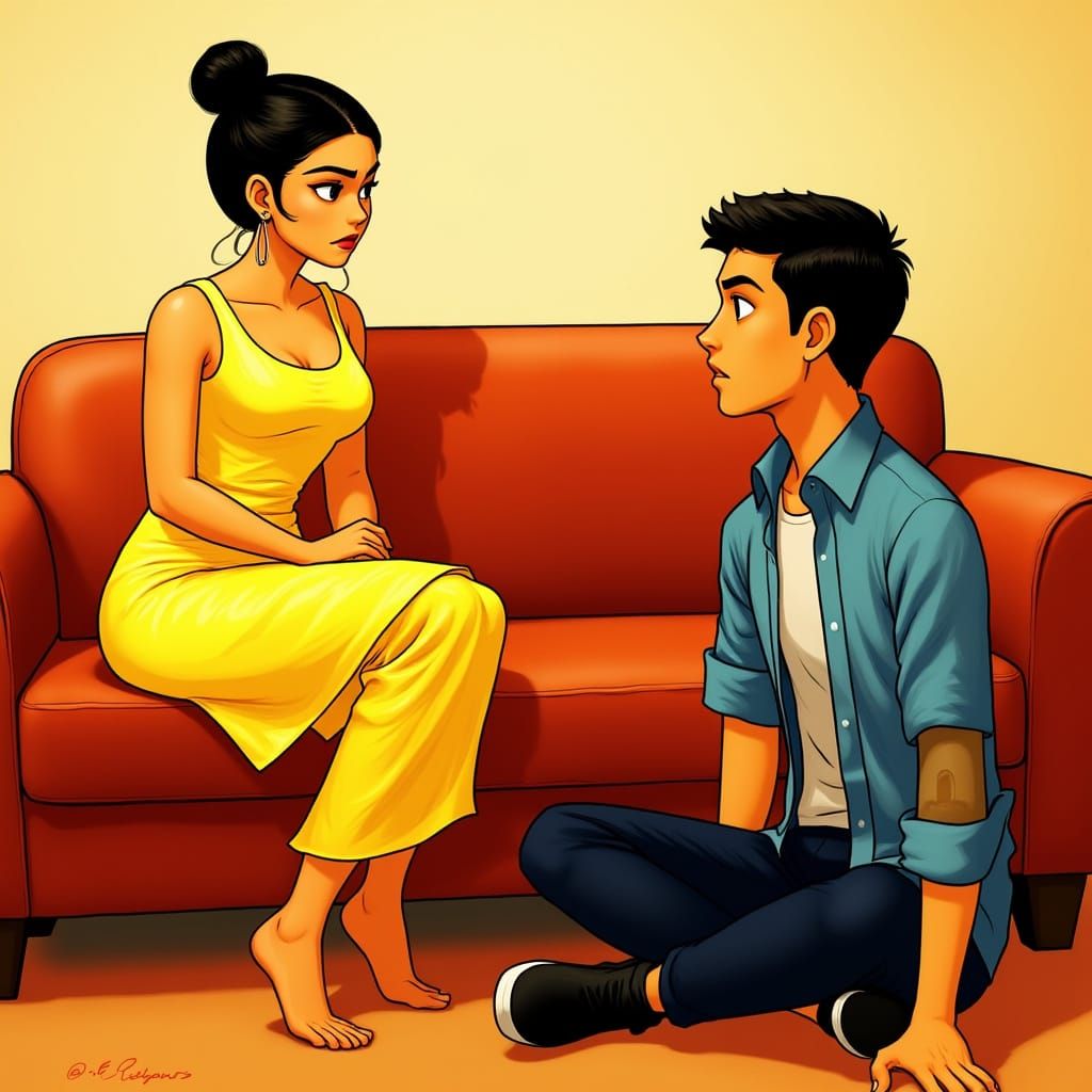Indian Woman Admonishes Man on Sofa in Vibrant Digital Paint...