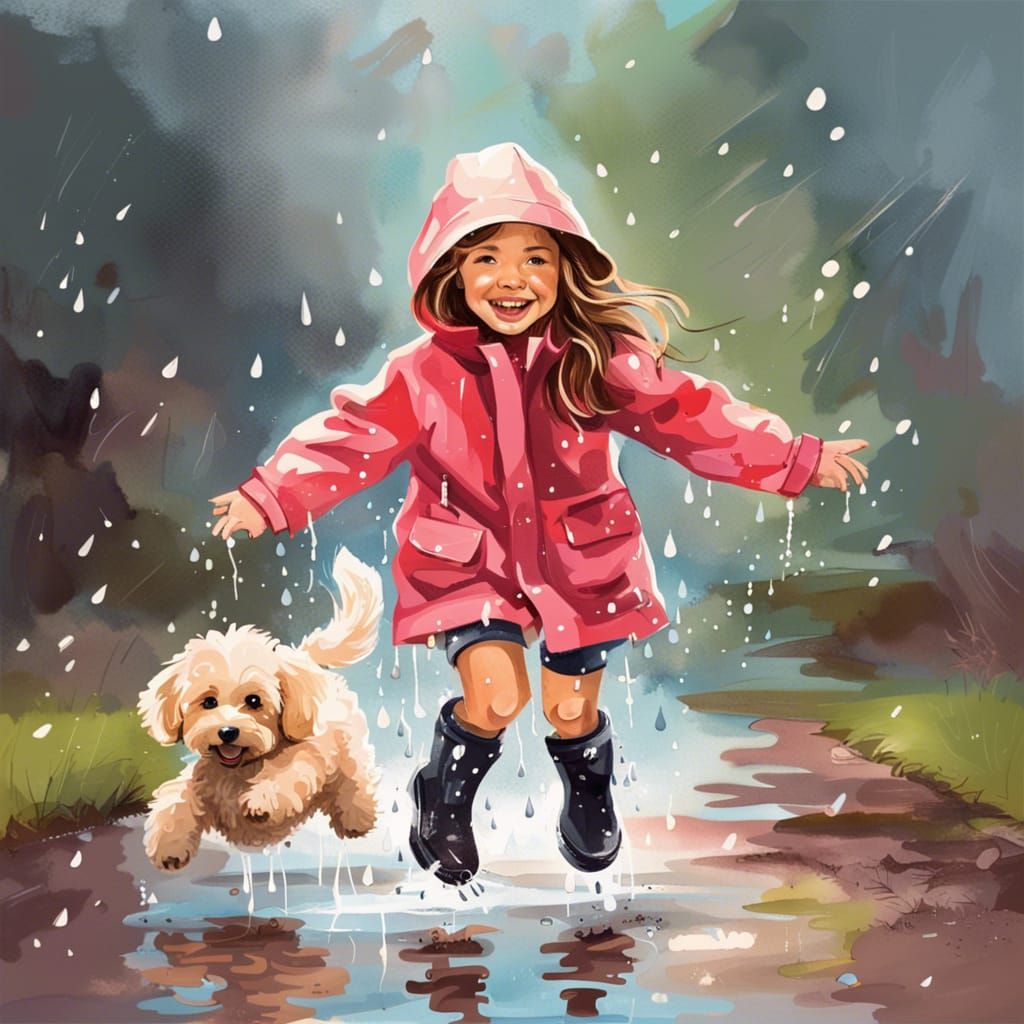 Girl and Puppy in Rainy Puddle: Splash Art