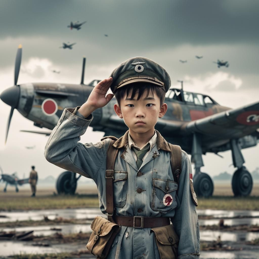 Solemn Young Boy Salutes Vintage Japanese Fighter Planes in...