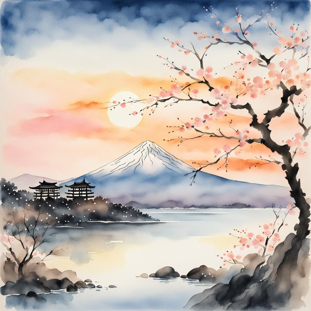Elegant Sunset over Mount Fuji in Traditional Japanese Water...