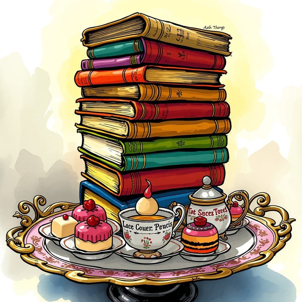 Dreamlike Stack of Colorful Books with Tea and Pastries