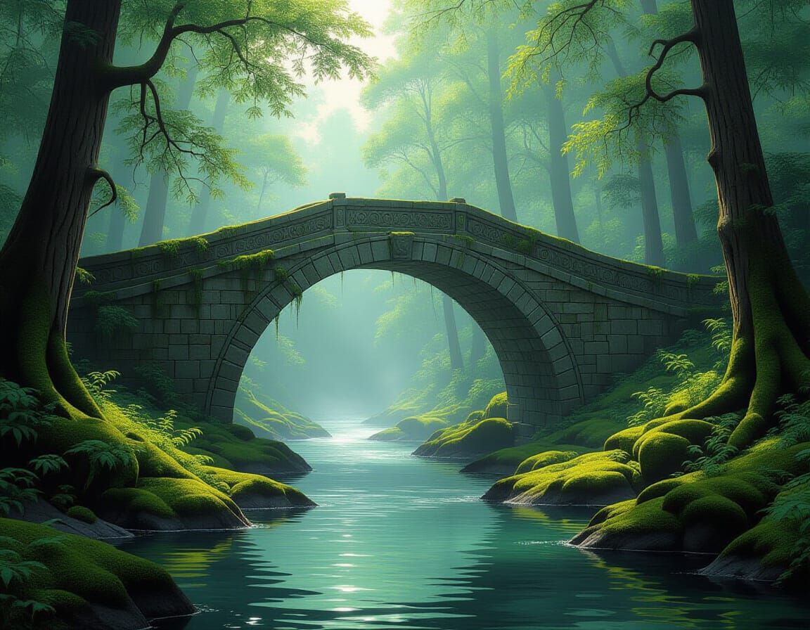 A majestic ancient stone bridge arching over a misty, ethere...