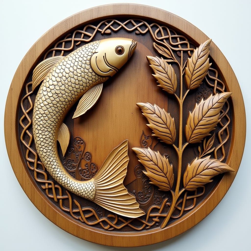 Ornate Fish Swims on Art Nouveau-Inspired Wooden Plaque