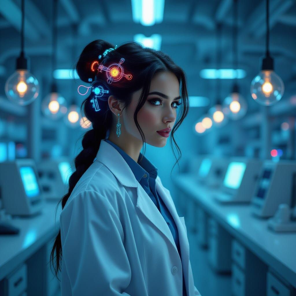 Atompunk Scientist in Surreal Laboratory, in Beksiński Style