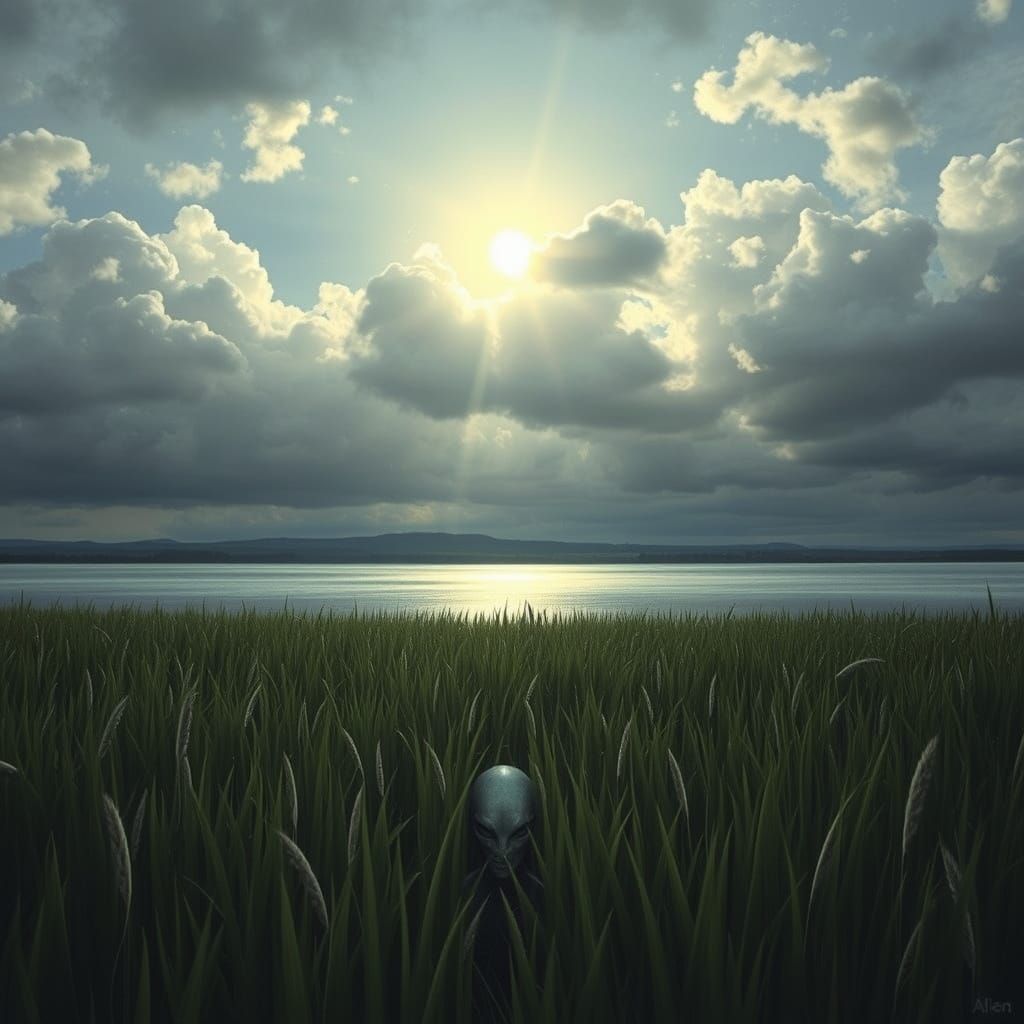 Unsettled Lake with Alien, Inspired by Beksiński