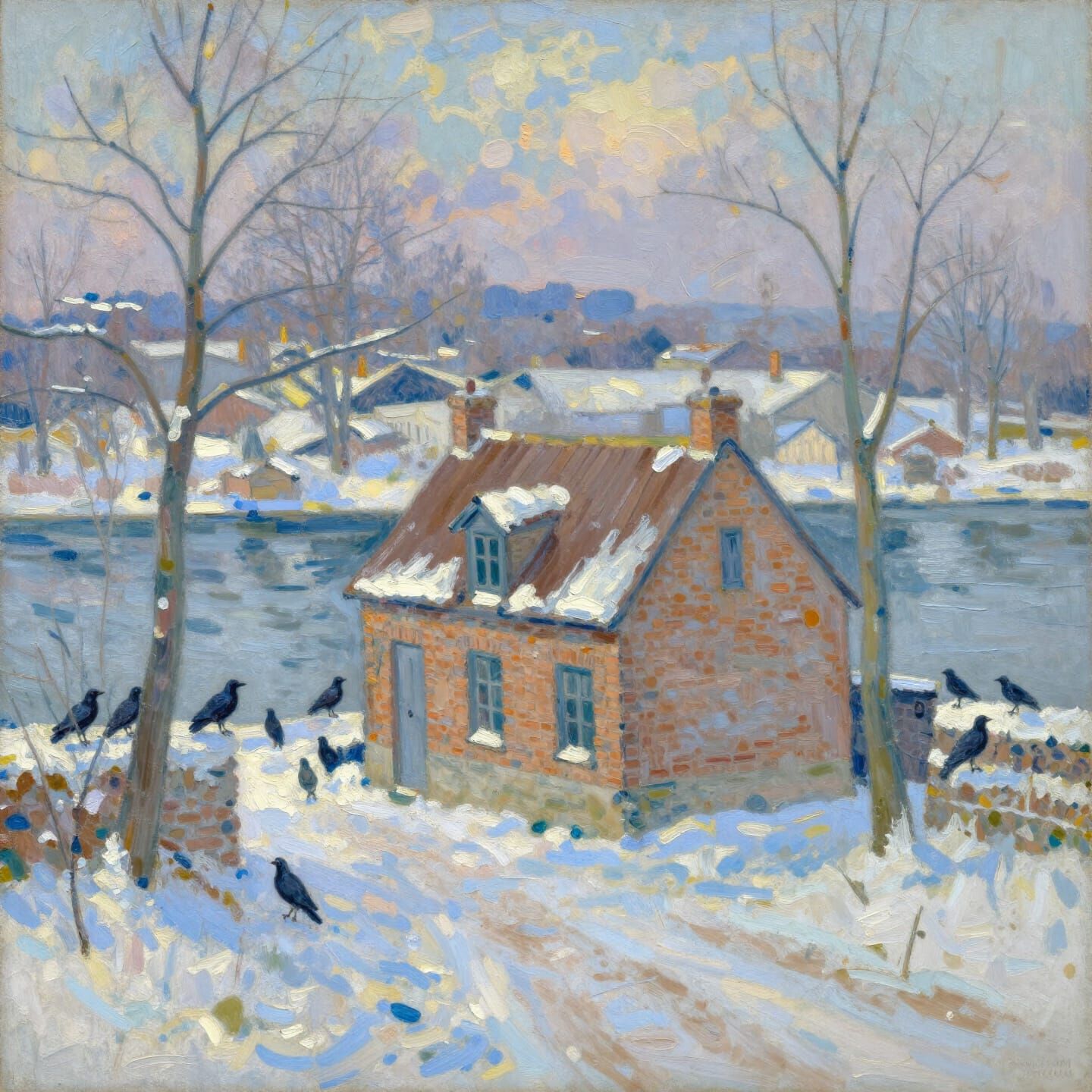 Impressionist Winter Scene With Crows Overlooking House