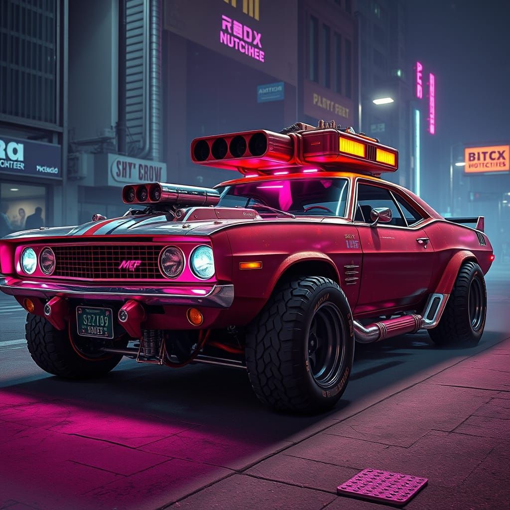 Cyberpunk Muscle Car with Neon Lights and Armored Body
