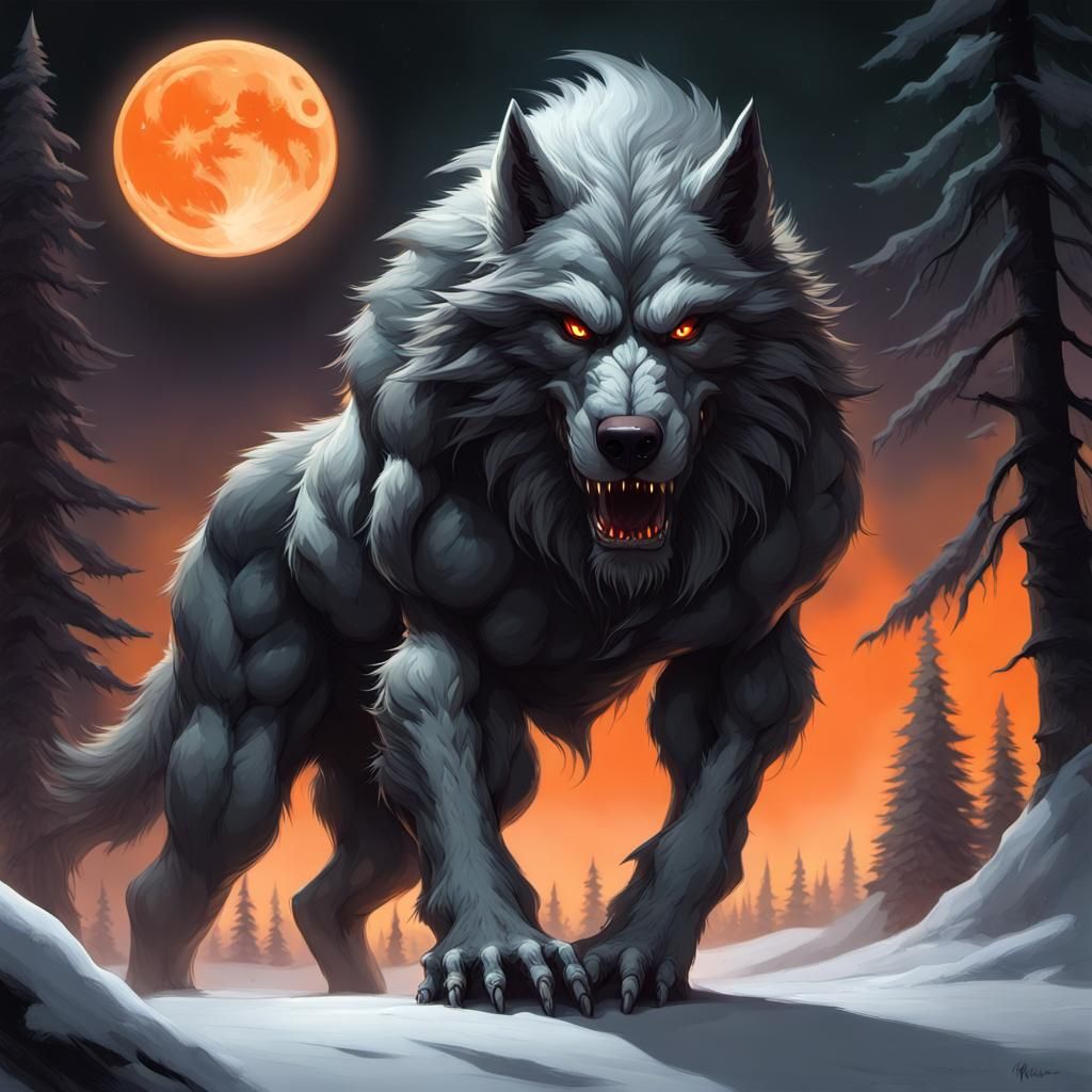 Giant Werewolf in Snowy Forest Under Northern Lights