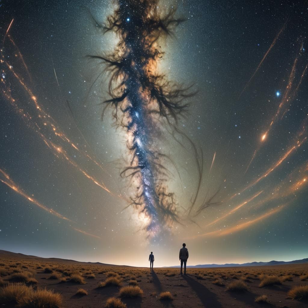 Surreal Lone Figure in Starry Landscape