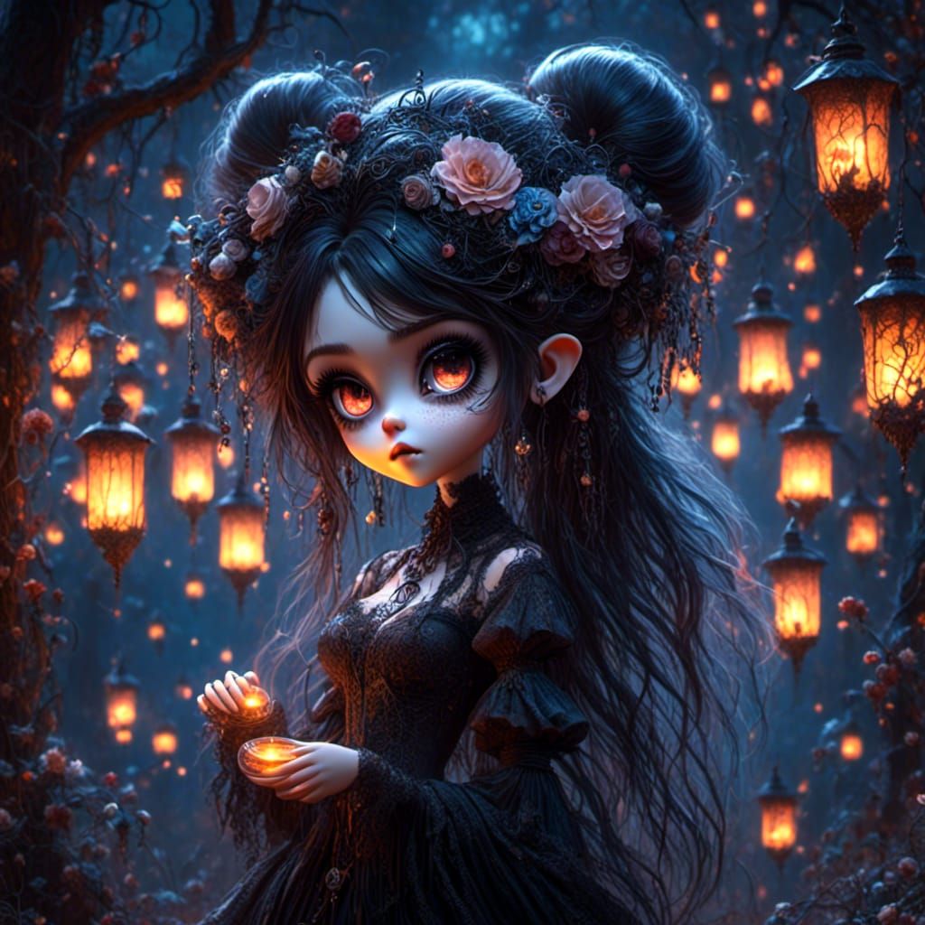 Adorable Ghost Girl in Graveyard with Lanterns